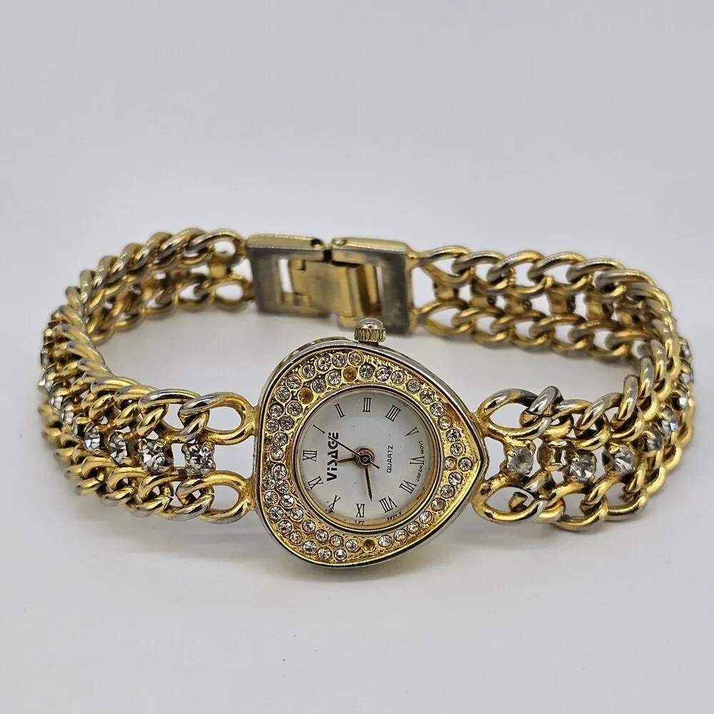 Visage Women's Watch Hearts 21MM White Dial Gold Bracelet Band 6.5